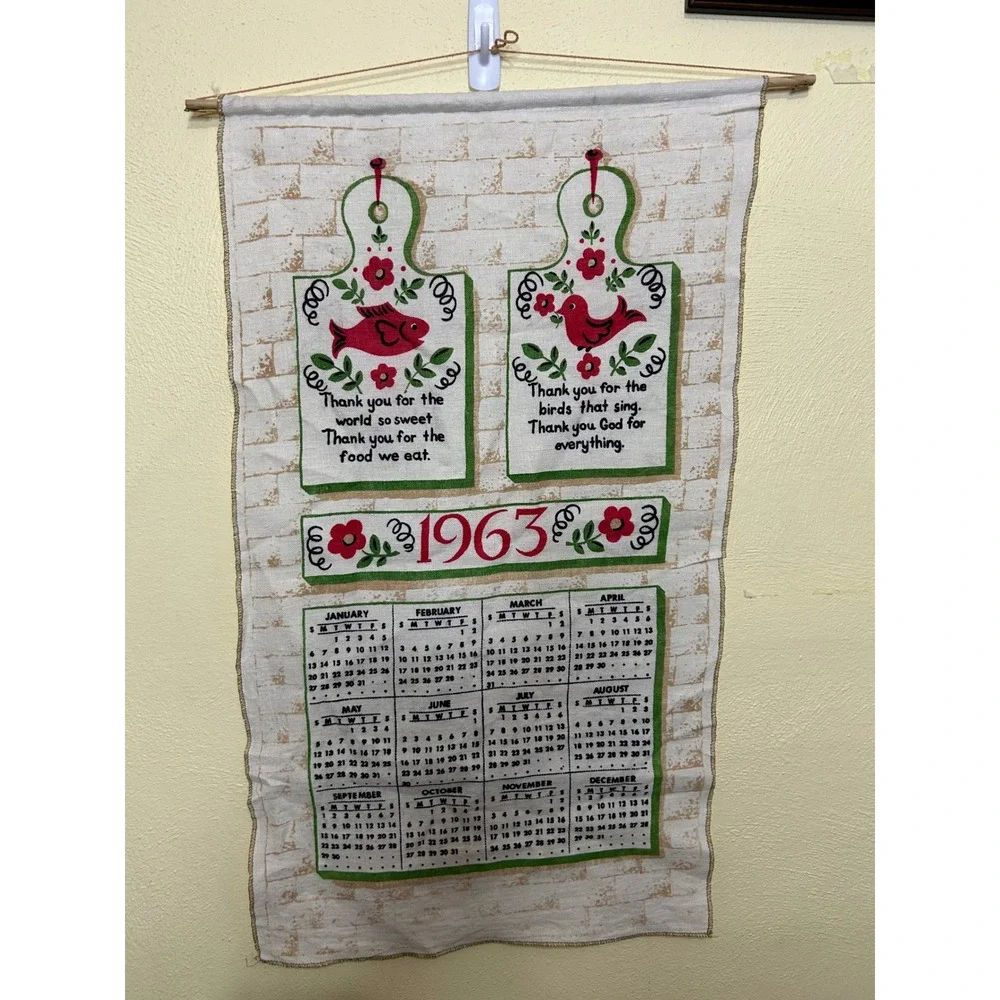 Vintage 1963 Linen Calendar Tea Towel Mid Century Folk Art Bird Fish Wall Decor